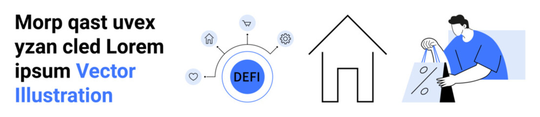 Digital finance concept featuring decentralized finance DEFI network, house symbolizing loan, and person shopping online. Ideal for fintech, blockchain, home loans, online services, e-commerce