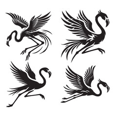 4 Set of Black Running Flamingo Silhouettes Isolated on White Background