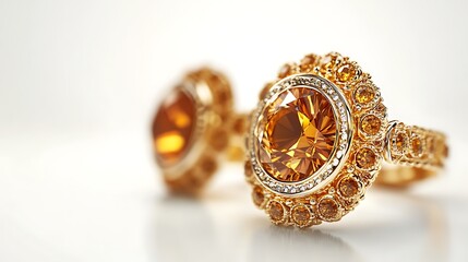 Gold earrings with diamonds on a white background, closeup