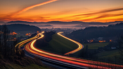 Fototapeta premium A long exposure photograph of the Road at sunrise, with light trails from passing cars creating an ethereal effect on the road and surrounding landscape