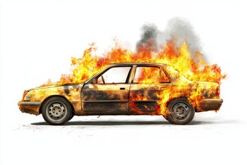 Obraz premium Burning car engulfed in flames, isolated on white.
