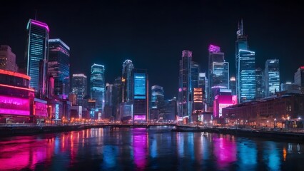 Fototapeta premium Bright City Skyline Reflecting on the River at Night With Colorful Lights and Modern Architecture