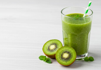 Refreshing Kiwi Yogurt Smoothie and Juice – Healthy Drink for Weight Loss on White Wooden Background