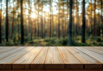 Sunlit Forest Background with Wooden Table Surface, Ideal for Nature-themed Presentations and Product Photography in Tranquil Outdoor Settings