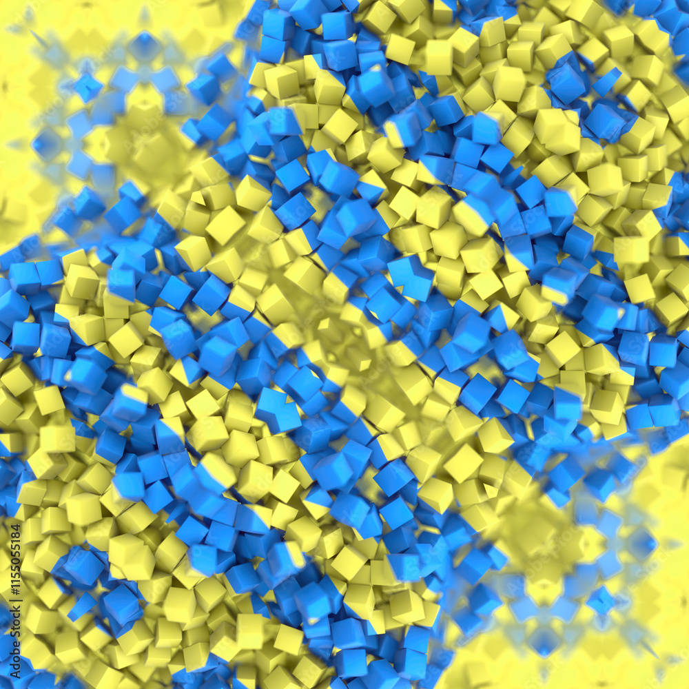 Poster Symmetrical 3d rendering digital illustration of a geometric pattern consisting of many small three-dimensional cubes, in blue and yellow colors. Modern and abstract style