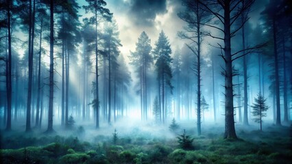 Naklejka premium Eerie forest filled with fog creating a haunting ambiance, haunting, forest, fog, atmosphere, spooky, eerie, decoration, trees