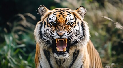 Fototapeta premium Fierce Tiger Roaring. Powerful Wildlife Portrait.