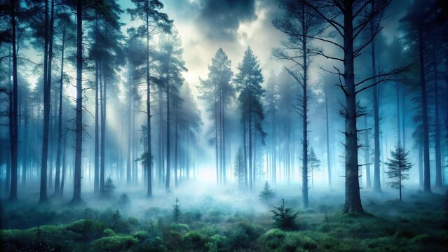 Fototapeta Eerie forest filled with fog creating a haunting ambiance, haunting, forest, fog, atmosphere, spooky, eerie, decoration, trees