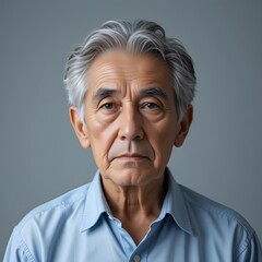Portrait of a Man with White Hair in a Blue Shirt