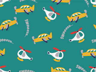 CUTE DOODLE HELICOPTER CHOPPER AND GLIDER SEAMLESS PATTERN ON BLUE BACKGROUND, TRANSPORT SEAMLESS PATTERN IN VECTOR