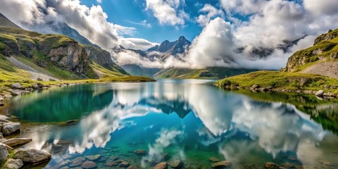 Tranquil Gli?re lake surrounded by misty clouds in Vanoise National Park, Champagny en Vanoise, misty