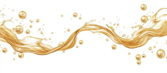 Golden liquid splash with bubbles isolated on white background.