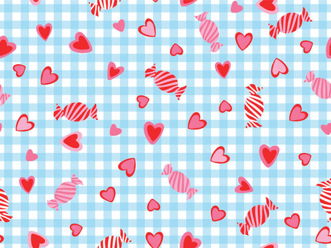 SEAMLESS DOODLE HEART AND CANDY PATTERN ON GINGHAM CHECK BACKGROUND. IDEAL NIGHTWEAR, SLEEPWEAR WOMENS LINGERIES. SEAMLESS HEART PATTERN IN VECTOR