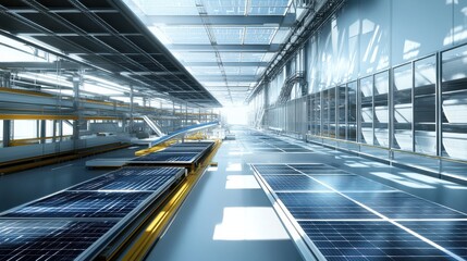Fototapeta premium Modern Solar Panel Warehouse with Bright Natural Light and Clean Design