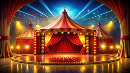 Stage circus with a vibrant red and yellow tent illuminated by lights , circus, stage, entertainment, performance, show, big top