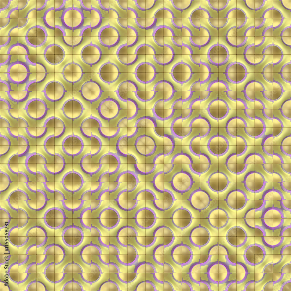 Poster Colorful symmetrical pattern of yellow shades made of tiles with wavy lines and circles. 3d rendering digital illustration