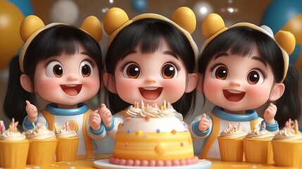 Three adorable cartoon girls celebrating a birthday with cake and cupcakes.