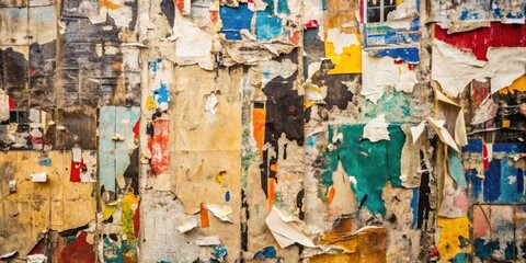 Fototapeta premium Torn street poster background with abstract retro paper collage , urban, grunge, vintage, texture, torn, weathered, poster, abstract