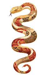 Fototapeta premium Chinese New Year 2025 zodiac symbol, black snake with golden skin pattern in style of traditional Asian oriental art. Isolated clipart element on white background.