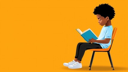 Young African Boy Intently Reading Book with Orange Background