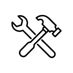 Crossed Wrench and Hammer Icon, Representing Maintenance or Repair. Hammer and wrench icon. Wrench and hammer. Tools icon isolated on white background.