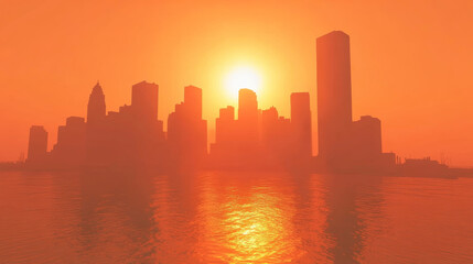Fototapeta premium stunning futuristic city skyline at sunset, reflecting on water