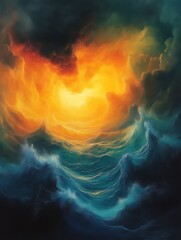 Fiery sunset over stormy sea.