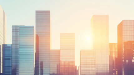 Fototapeta premium Futuristic city skyline at sunset with glass buildings reflecting light