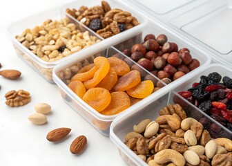 trays with nuts and dried fruits isolated on a white
