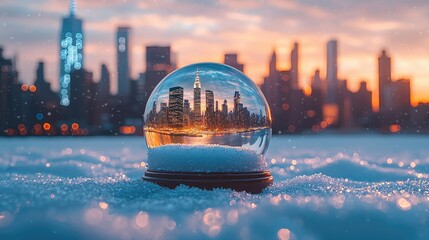 A snow globe capturing a city skyline at sunset, surrounded by snow.