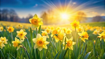 Daffodils blooming in a sunny meadow, sunshine, flowers in bloom,  sunshine, flowers in bloom, green grass