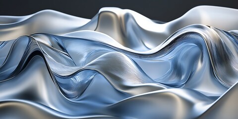 Obraz premium Abstract blue and silver flowing liquid, wavy texture, 3D render.