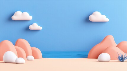 Fototapeta premium Minimalist Pastel Seascape with Clouds and Waves on Sandy Beach