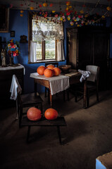 pumpkin, old cottage, Halloween, spooky decor, fall harvest, autumn decoration,