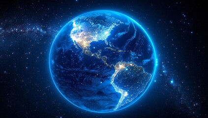 Night view of Earth from space, showing city lights and stars.