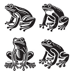 4 Set of Black Standing Frog Silhouettes Isolated on White Background"