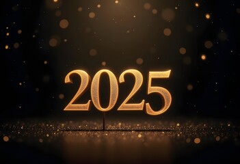 2025 New Year festive banner. Gold color. New Year 2025 bright holiday background. Bokeh lights. Vector illustration.
