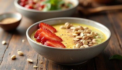 Fruit smoothie bowl with strawberries and nuts on wooden table
