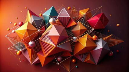 Colorful geometric shapes and lines create a dynamic abstract composition against a deep reddish-orange background, colorful backgrounds, abstract patterns