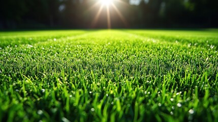 Lush green grass field with sunlight.