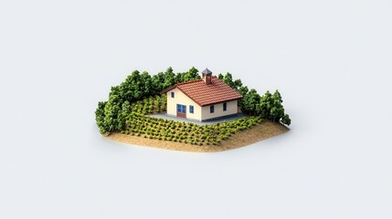 Miniature Rural House Surrounded by Green Trees and Meadows in Idyllic Countryside Landscape