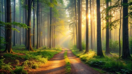 Obraz premium A serene and peaceful forest with a misty atmosphere at dawn, surrounded by tall trees and a winding path, tranquility, mist