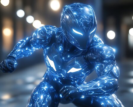 Fototapeta Futuristic blue energy hero ready to fight.