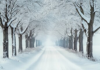 Naklejka premium Tranquil Winter Scene with Snow-Covered Trees and a Misty Pathway Leading into the Light in a Serene and Peaceful Setting