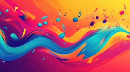 Vibrant Musical Splash with Colorful Notes and Abstract Waves