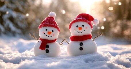 Fototapeta premium Two Cheerful Snowmen in Winter Wonderland Wearing Red Scarves and Hats Surrounded by Snowflakes and Sunlight on a Beautiful Holiday Afternoon