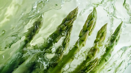 Obraz premium Asparagus in water with bubbles on white background, closeup