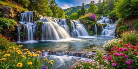Naklejka premium Serene waterfall cascading into a foamy river surrounded by lush greenery and vibrant wildflowers