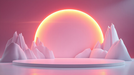 Elegant Circular Stage with Pink Radiance and Artistic Geometric Accents