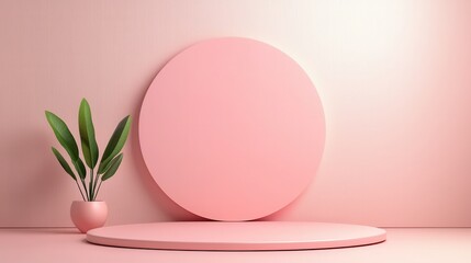 Minimalist Abstract Pink Circle Podium with Plant Decor for Product Showcase